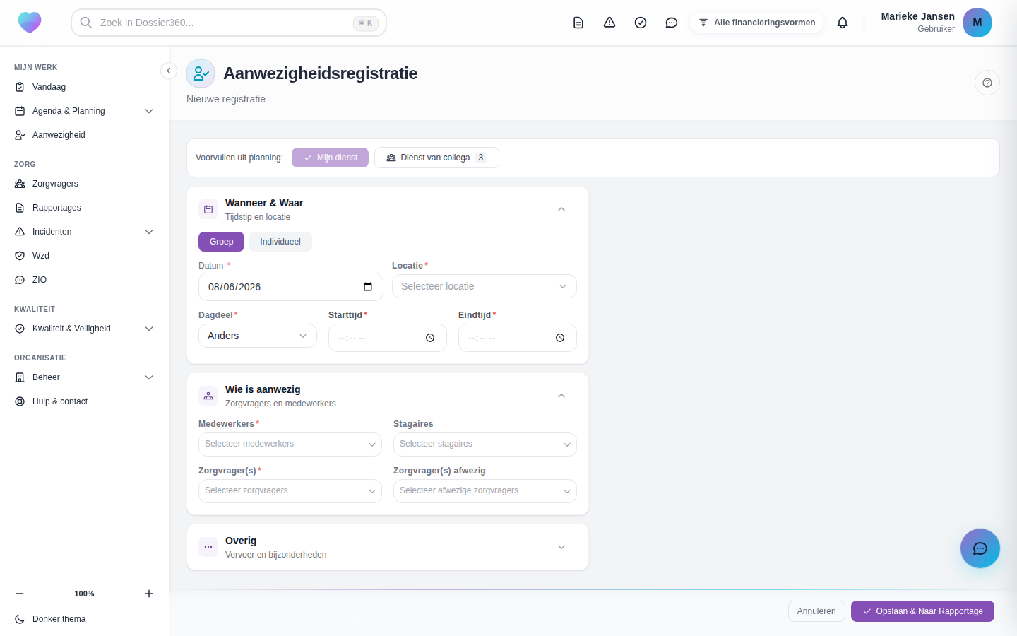 Het formulier voor een nieuwe aanwezigheidsregistratie