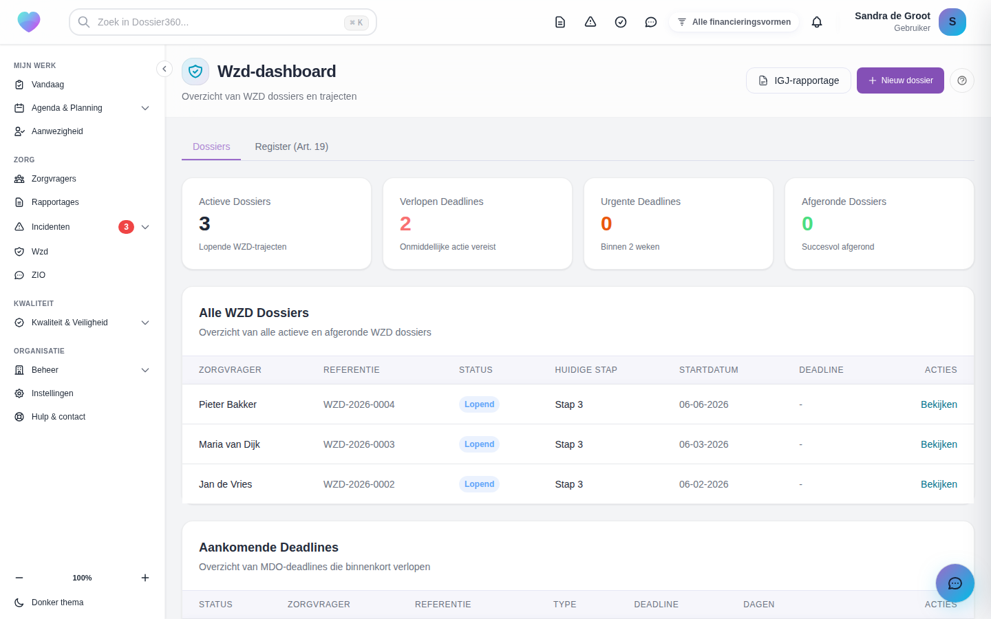 Het Wzd-dashboard met dossiers, stappen en deadlines