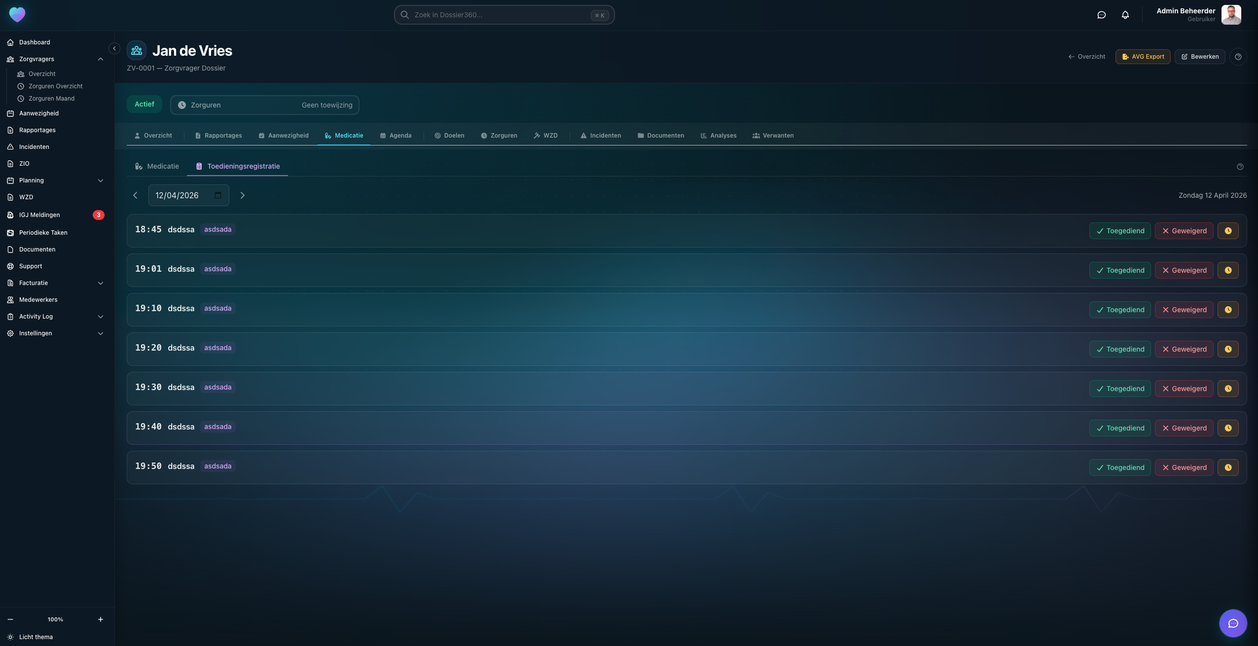 Zorgdossier Medicijnen Toedieningsregistratie